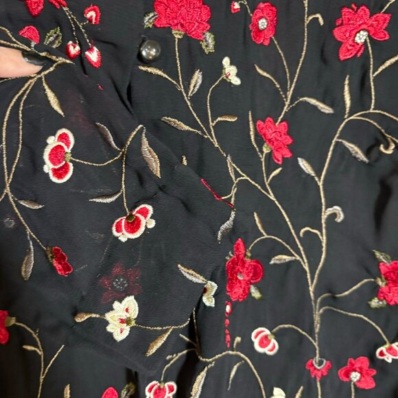 Karen Kane Black 100% Rayon Floral Embroidered Button Down Long Sleeve Blouse - Picture 4 of 10